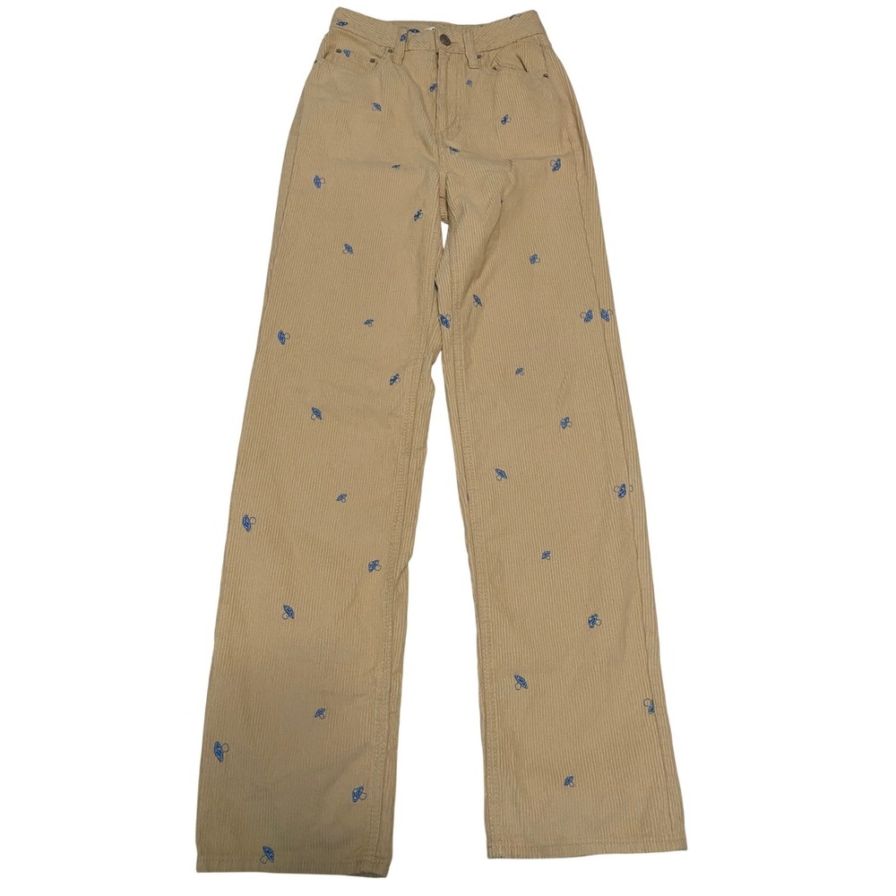 Wide Leg Cottagecore Mushroom Embroidered High Rise Corduroy Pants Womens 24